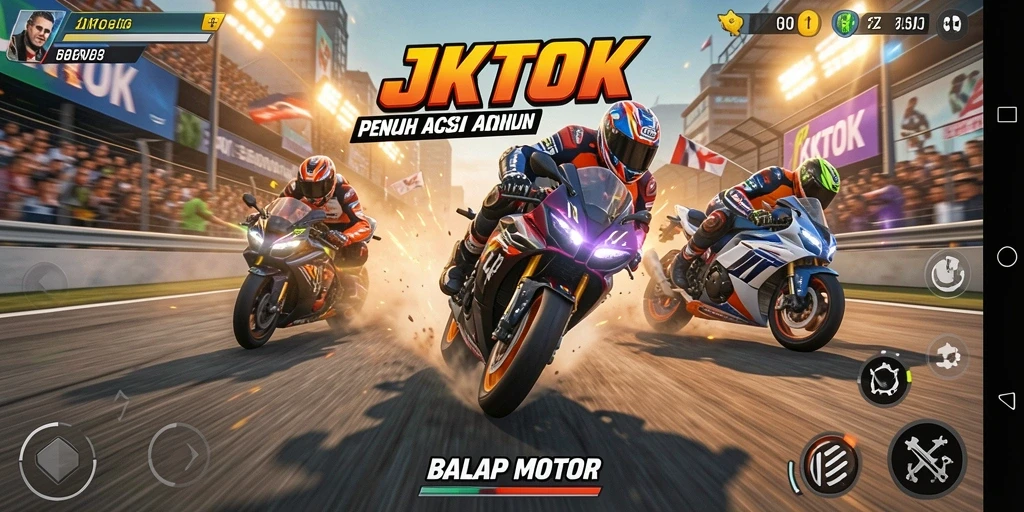 Tampilan antarmuka utama JKTOK dengan motor balap yang siap bertanding.