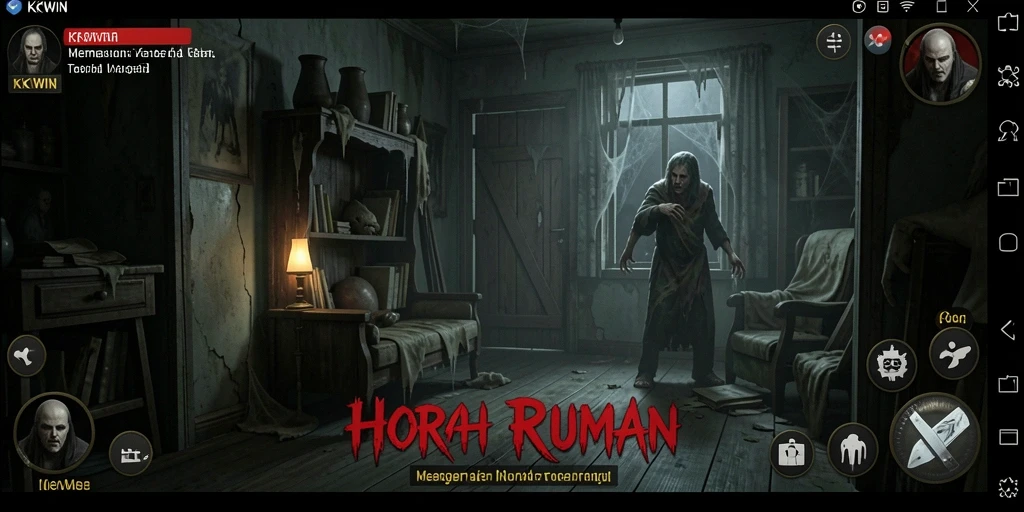 Tampilan antarmuka KKWIN menampilkan suasana rumah horor yang mencekam.